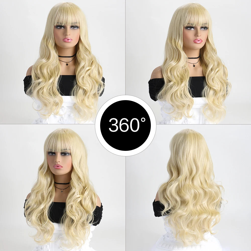Long Body Wavy Synthetic Wig for Women Natural Wave Wigs with Bangs Fake Hair Heat Resistant Fiber For Daily Halloween Party