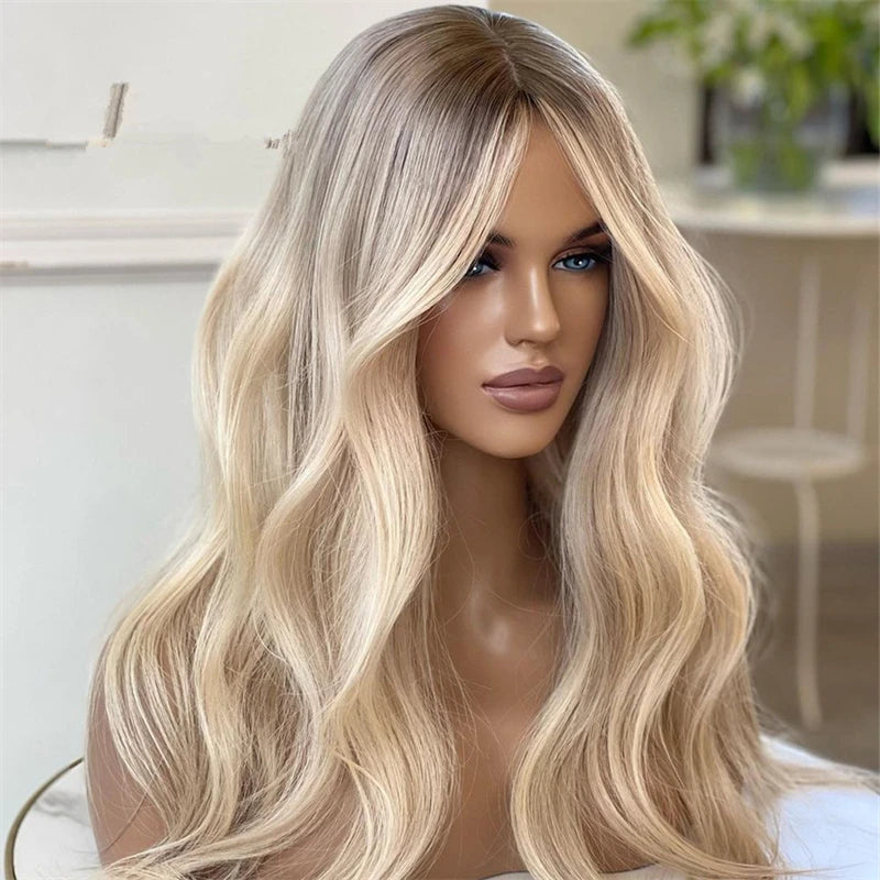 Blonde Wig Wavy Synthetic Lace Front Wig Glueless Wig Long Synthetic Hair Lace Wigs for Women Platinum Ashy Blonde Wear and Go