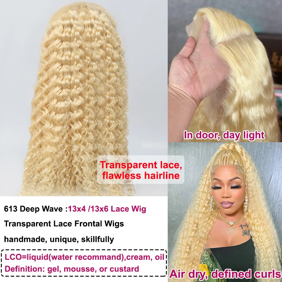 613 Honey Blonde Deep Wave Lace Frontal Wig Brazilian PrePlucked Curly 13x4 13x6 Blonde HD Transparent Lace Front Human Hair Wig