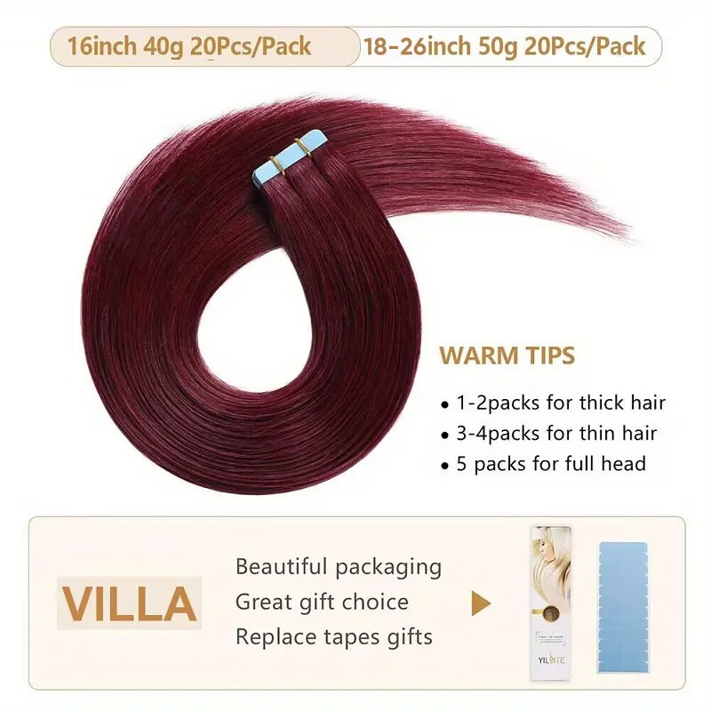 Alimice 99J# Burgundy 20pcs Tape Straight Hair Extensions Human Hair Extensions Invisible Tape In Hair Extensions 50g