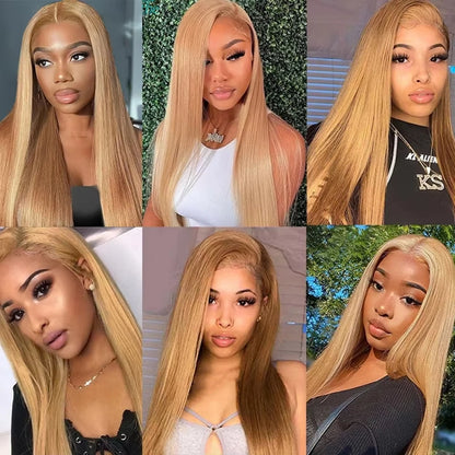 #27 Honey Blonde Human Hair Straight Wig 13X6 Lace Frontal Preplucked Wig 13x4 30 34 Inch Lace Front Colored Wigs For Women