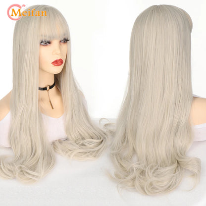 MEIFAN Synthetic Long Straight Lolita Wig with Bangs Wig Girl Cute Ombre Pink Blonde Black Cosplay Party Halloween Harajuku Wig