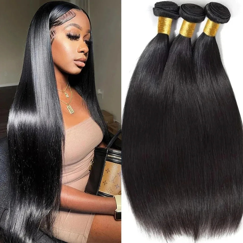 YKB 30 34 Inch Bone Straight Human Hair Bundles 100% Black Indian Hair 3 4 Bundle Deals Raw Remy Double Weft Extensions Weave