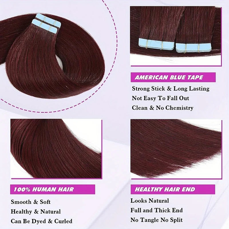 20 inch Tape in Hair Extensions Real Human Hair 100g 20pcs Glue in Extensions Silky Straight Remy Hair Color #99J Burgundy Red