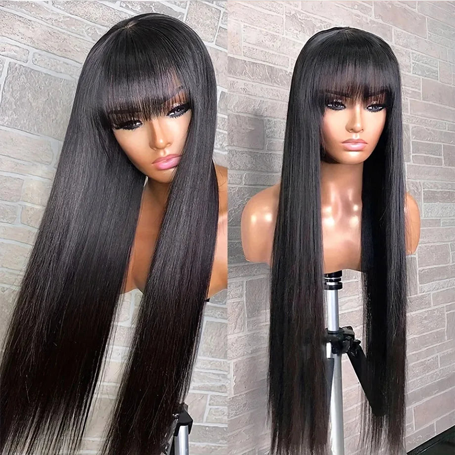 3x1 Middle Part Human Hair Wigs With Bangs  Cheap Straight  Wigs For Black Women 30 32 Inch Brazilian Wigs 100% Human Hair Wig