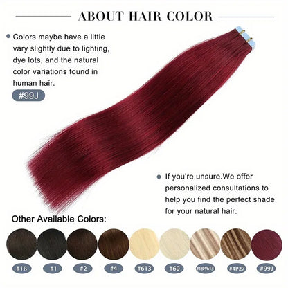 20 inch Tape in Hair Extensions Real Human Hair 100g 20pcs Glue in Extensions Silky Straight Remy Hair Color #99J Burgundy Red