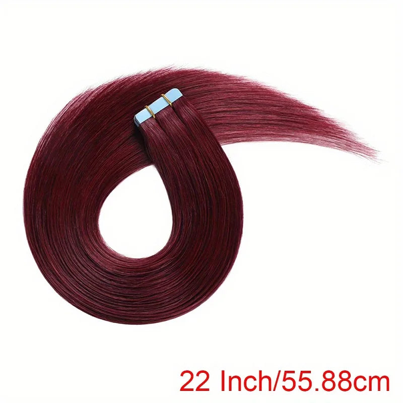 20 inch Tape in Hair Extensions Real Human Hair 100g 20pcs Glue in Extensions Silky Straight Remy Hair Color #99J Burgundy Red