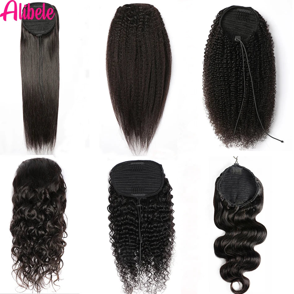 Alibele Mogolian Afro Kinky Curly Drawstring Ponytail Human Hair Extensions 4B 4C Remy 10-28inch Long Clip In Ponytail Extension