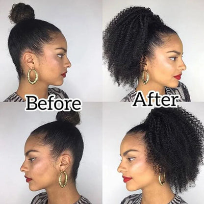 Alibele Mogolian Afro Kinky Curly Drawstring Ponytail Human Hair Extensions 4B 4C Remy 10-28inch Long Clip In Ponytail Extension