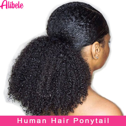 Alibele Mogolian Afro Kinky Curly Drawstring Ponytail Human Hair Extensions 4B 4C Remy 10-28inch Long Clip In Ponytail Extension