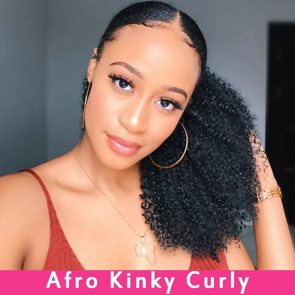 Alibele Mogolian Afro Kinky Curly Drawstring Ponytail Human Hair Extensions 4B 4C Remy 10-28inch Long Clip In Ponytail Extension