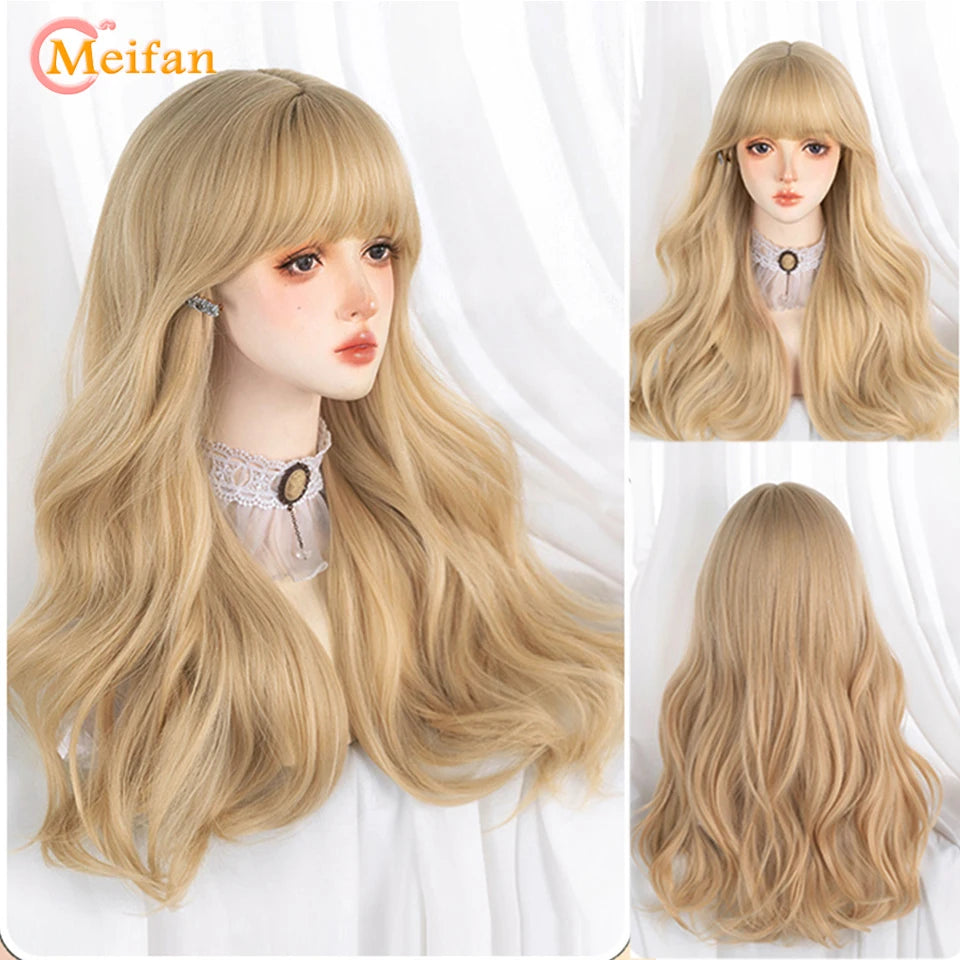 MEIFAN Synthetic Long Straight Lolita Wig with Bangs Wig Girl Cute Ombre Pink Blonde Black Cosplay Party Halloween Harajuku Wig