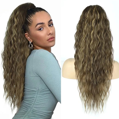 Long Curly Wavy Ponytail Hair Extension for Women Natural Synthetic Drawstring Ponytail Hairpieces Burgundy Blond Fake Pony Tail