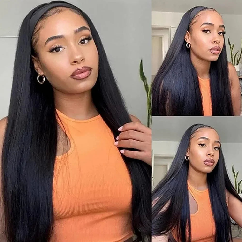 Headband Wig Human Hair Bone Straight Human Hair Wigs Full Machine Made Peruvian Human Hair Wigs For Black Women Easy to Go 180%