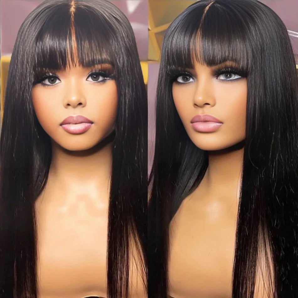 3x1 Middle Part Lace Wig Bone Straight Cheap Wigs Full Machine Made Human Hair Wig with Bangs for Women on Clearance Sale