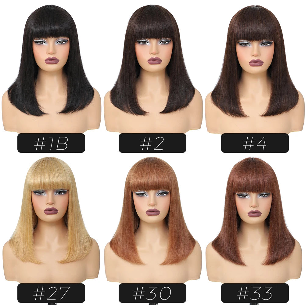 Short Black Human Hair Bob Wigs With Bangs Light Yaki Straight Realistic Scalp Glueless Non Lace Wig For Women Blunt Cut Bob Wig