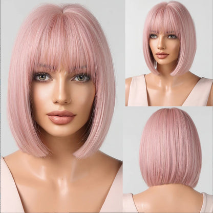 Short Straight Bob Wigs for Women Black Brown Synthetic Natural Hair Wig with Bangs Heat Resistant Cosplay Daily Use Hair