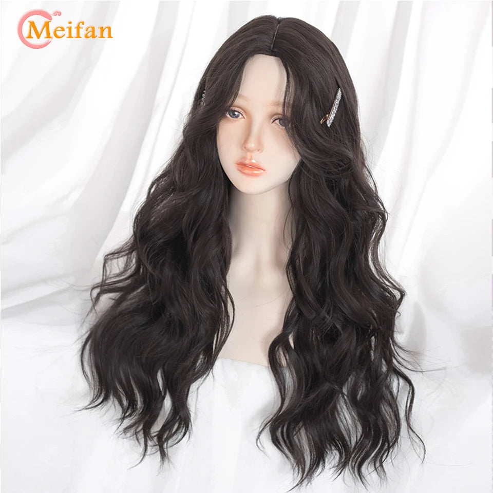 MEIFAN Synthetic Long Straight Lolita Wig with Bangs Wig Girl Cute Ombre Pink Blonde Black Cosplay Party Halloween Harajuku Wig