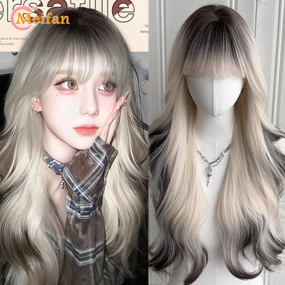 MEIFAN Synthetic Long Straight Lolita Wig with Bangs Wig Girl Cute Ombre Pink Blonde Black Cosplay Party Halloween Harajuku Wig