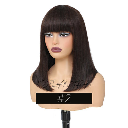 Short Black Human Hair Bob Wigs With Bangs Light Yaki Straight Realistic Scalp Glueless Non Lace Wig For Women Blunt Cut Bob Wig