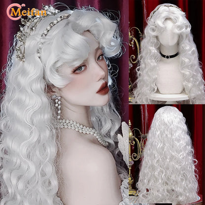 MEIFAN Synthetic Long Straight Lolita Wig with Bangs Wig Girl Cute Ombre Pink Blonde Black Cosplay Party Halloween Harajuku Wig