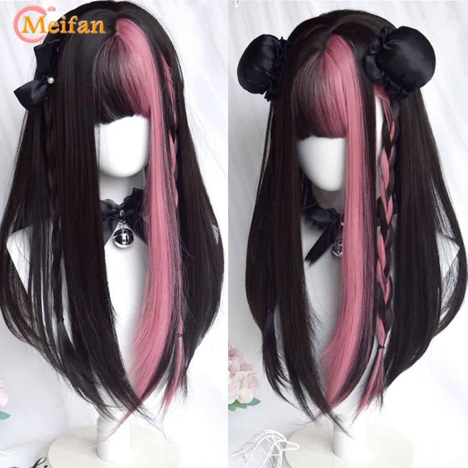 MEIFAN Synthetic Long Straight Lolita Wig with Bangs Wig Girl Cute Ombre Pink Blonde Black Cosplay Party Halloween Harajuku Wig