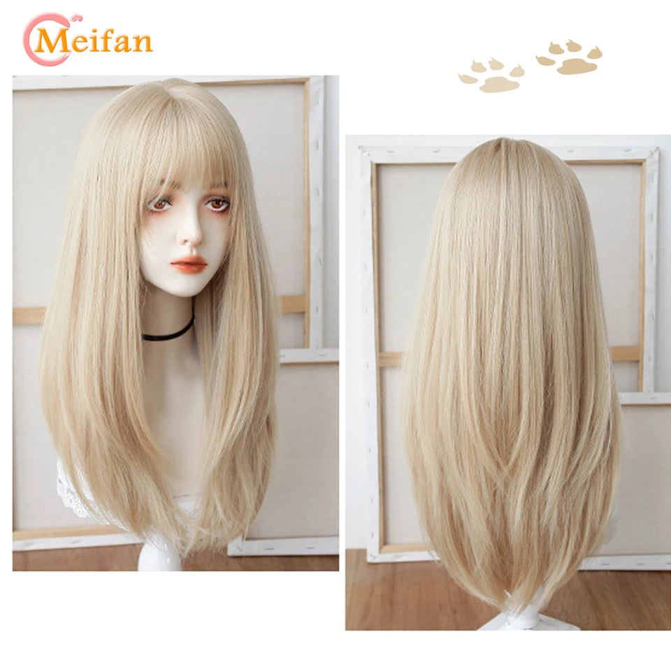 MEIFAN Synthetic Long Straight Lolita Wig with Bangs Wig Girl Cute Ombre Pink Blonde Black Cosplay Party Halloween Harajuku Wig