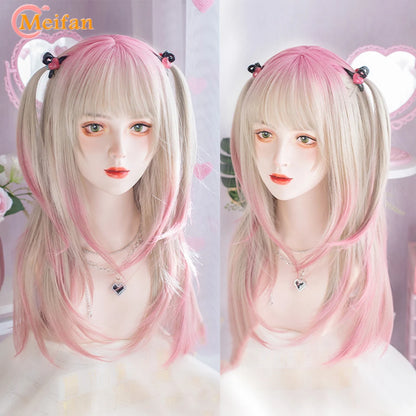 MEIFAN Synthetic Long Straight Lolita Wig with Bangs Wig Girl Cute Ombre Pink Blonde Black Cosplay Party Halloween Harajuku Wig