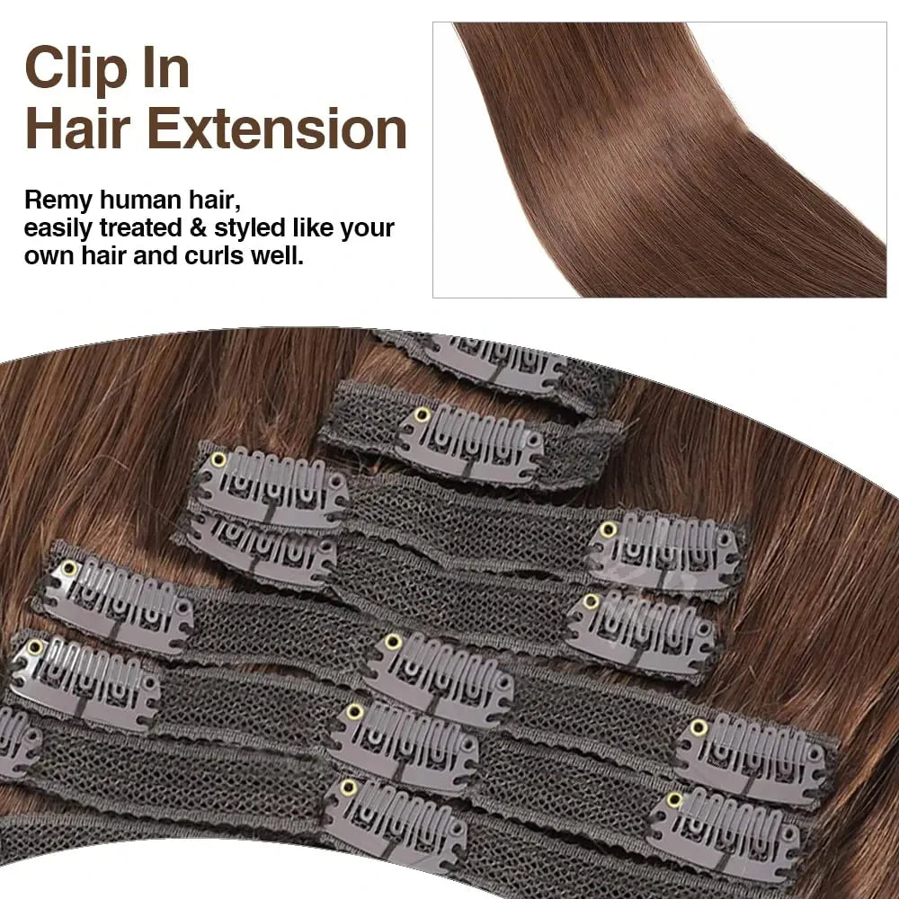Clip in Hair Extensions Real Human Hair color #4 Chocolate Brown Clip in Hair Extensions 8pcs Hair Natural Black Color 24 inches