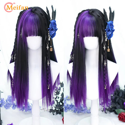 MEIFAN Synthetic Long Straight Lolita Wig with Bangs Wig Girl Cute Ombre Pink Blonde Black Cosplay Party Halloween Harajuku Wig