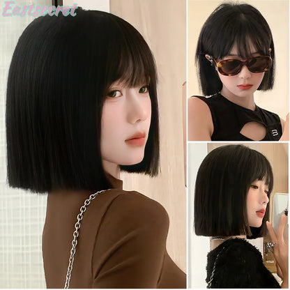 Short Black Brown Synthetic Natural Hair Wigs for Women Bob Straight Wig with Bangs High Temperature Daily Cosplay Party Wigs