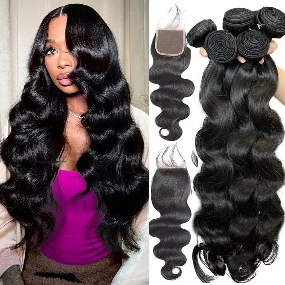 Human Hair Bundles with Closure Body Wave Brazilian Virgin Human Hair Weave 3 Bundles with 4x4 Lace Closure Natural Black Color