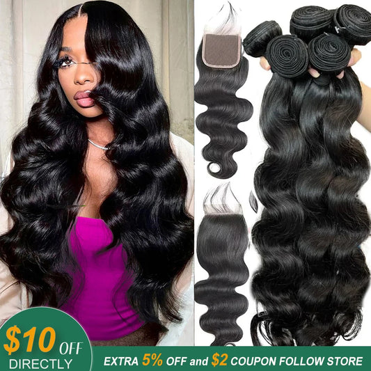 Human Hair Bundles with Closure Body Wave Brazilian Virgin Human Hair Weave 3 Bundles with 4x4 Lace Closure Natural Black Color