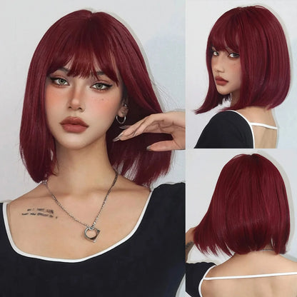 Short Straight Bob Wigs for Women Black Brown Synthetic Natural Hair Wig with Bangs Heat Resistant Cosplay Daily Use Hair