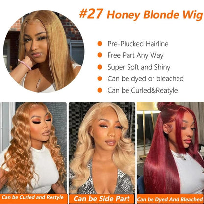 #27 Honey Blonde Human Hair Straight Wig 13X6 Lace Frontal Preplucked Wig 13x4 30 34 Inch Lace Front Colored Wigs For Women