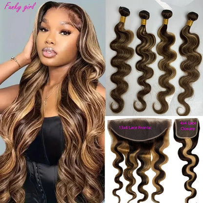 Highlight Bundles With Closure Brazilian Human Hair Ombre Body Wave Bundle With Frontal P4/27 Brown Color Remy Hair Weave Bundle