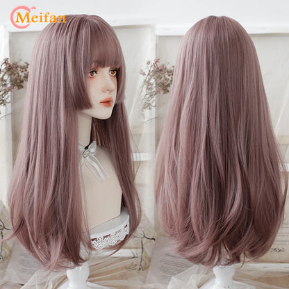 MEIFAN Synthetic Long Straight Lolita Wig with Bangs Wig Girl Cute Ombre Pink Blonde Black Cosplay Party Halloween Harajuku Wig