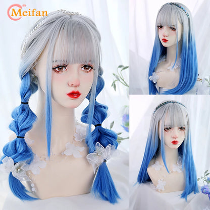 MEIFAN Synthetic Long Straight Lolita Wig with Bangs Wig Girl Cute Ombre Pink Blonde Black Cosplay Party Halloween Harajuku Wig