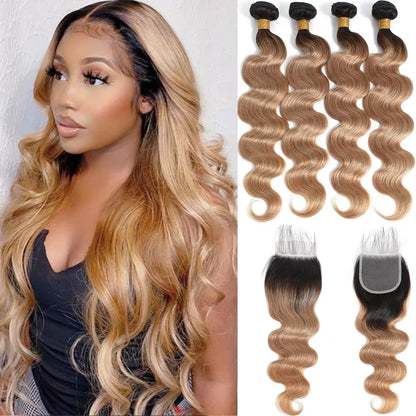 10A Brazilian Bundles with Closure Body Wave Bundles Human Hair With 4x4 Lace Closure Brown Blonde Colored 3/4 Bundles Hair Remy