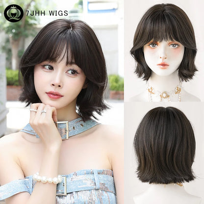 7JHH WIGS Short Wave Brown Bob Wig for Women Daily Use High Density Synthetic Fashion Wavy Cool Brown Hair Wigs with Neat Bangs