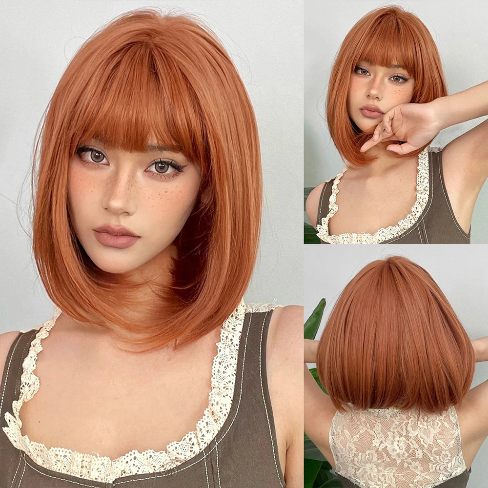 Short Straight Bob Wigs for Women Black Brown Synthetic Natural Hair Wig with Bangs Heat Resistant Cosplay Daily Use Hair