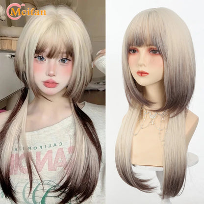 MEIFAN Synthetic Long Straight Lolita Wig with Bangs Wig Girl Cute Ombre Pink Blonde Black Cosplay Party Halloween Harajuku Wig