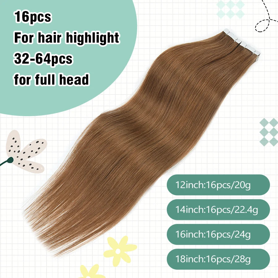 Neitsi Mini Tape In Human Hair Adhesive Extensions Black Brown Blonde Straight Skin Weft 100% Natural Real Mega Hair 16pcs/pack