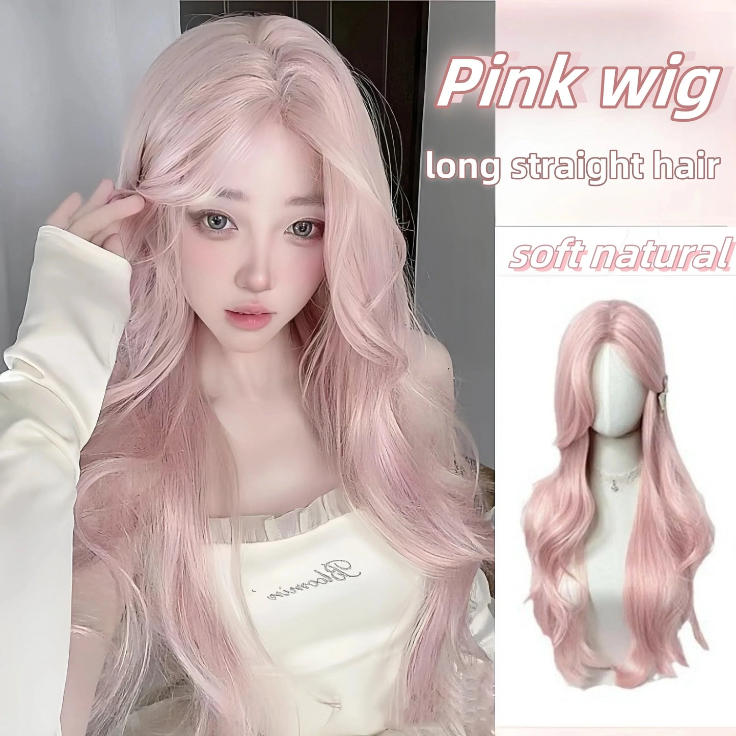 Pink Wig for Women Long Wavy Cosplay Wigs Natural Soft Sweet Synthetic Wig for Daily Use School Life Lolita Wig Pink