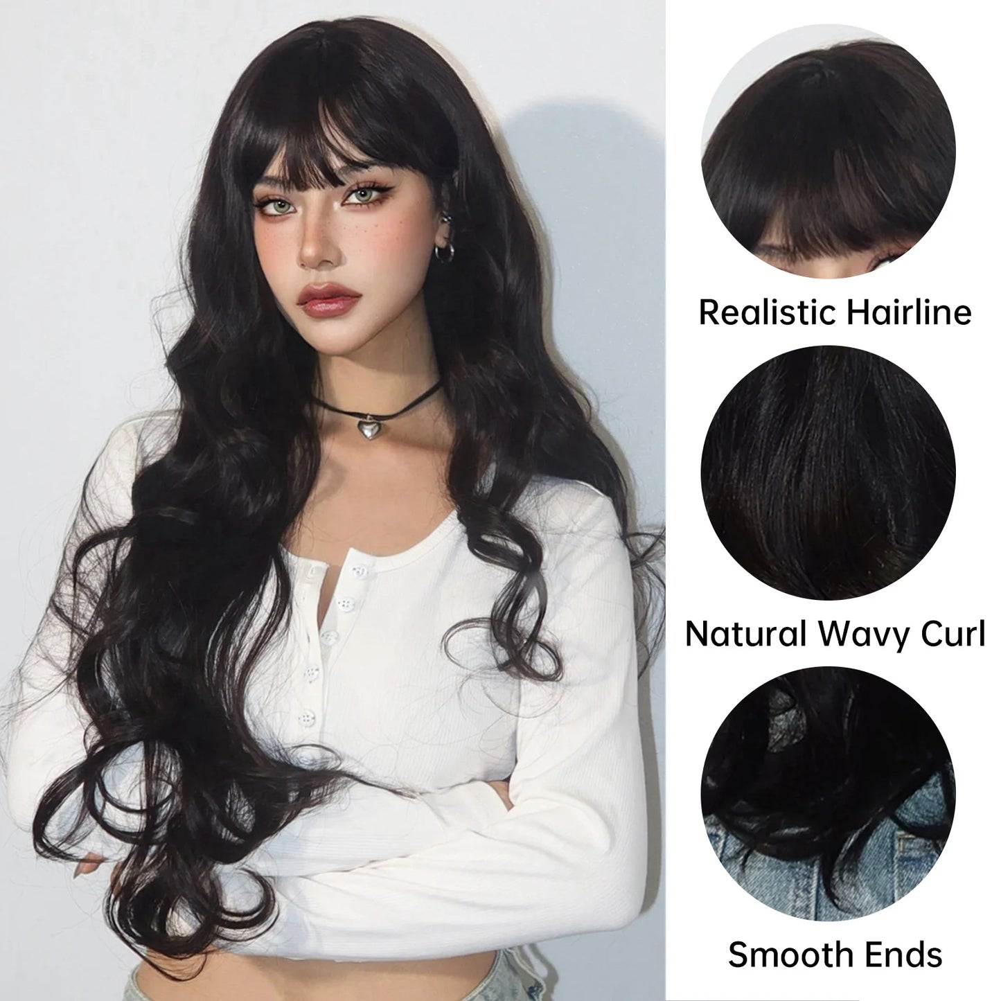 Super Long Black Wavy Synthetic Wigs with Bangs for Women Afro Dark Water Wave Halloween Cosplay Natural Hair Wig Heat Resistant