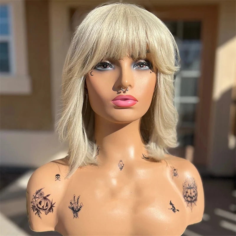 Platinum Blonde Lace Part Wig with Bangs Short Bob Woman Wigs Ladies Fringe Glueless WEar and Go Hd Transparent Lace Front Wig