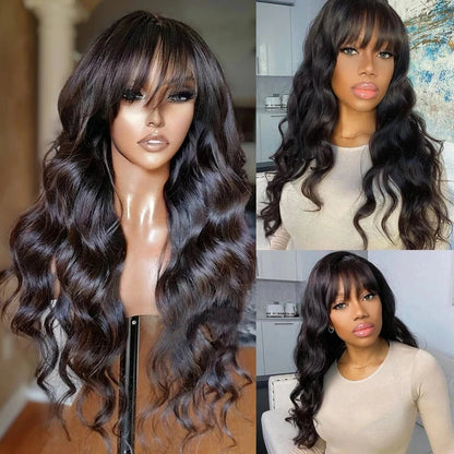 Middle T Part Body Wave Human Hair Wig With Bangs for Black Women 3x1 Lace Wigs 200 Density Brazilian 30 32 Inch Wigs on Sale