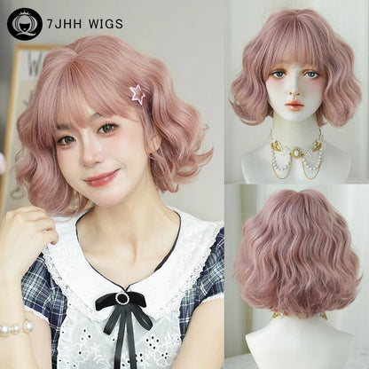 7JHH WIGS Short Wave Brown Bob Wig for Women Daily Use High Density Synthetic Fashion Wavy Cool Brown Hair Wigs with Neat Bangs