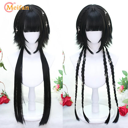 MEIFAN Synthetic Long Straight Lolita Wig with Bangs Wig Girl Cute Ombre Pink Blonde Black Cosplay Party Halloween Harajuku Wig