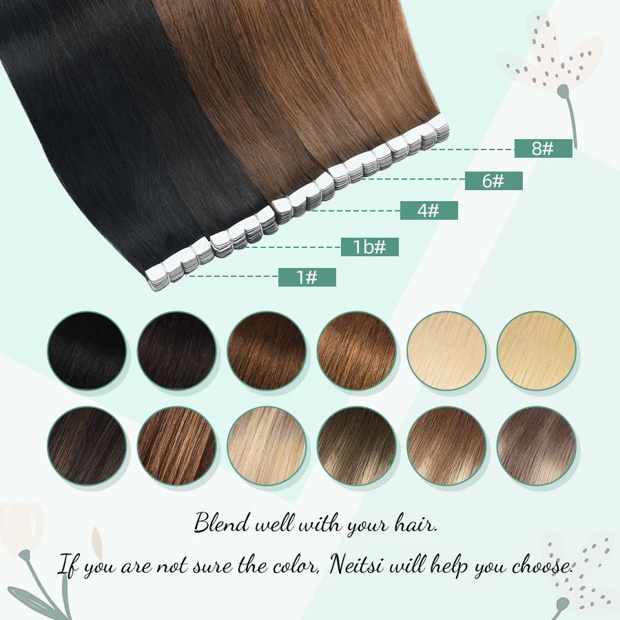 Neitsi Mini Tape In Human Hair Adhesive Extensions Black Brown Blonde Straight Skin Weft 100% Natural Real Mega Hair 16pcs/pack